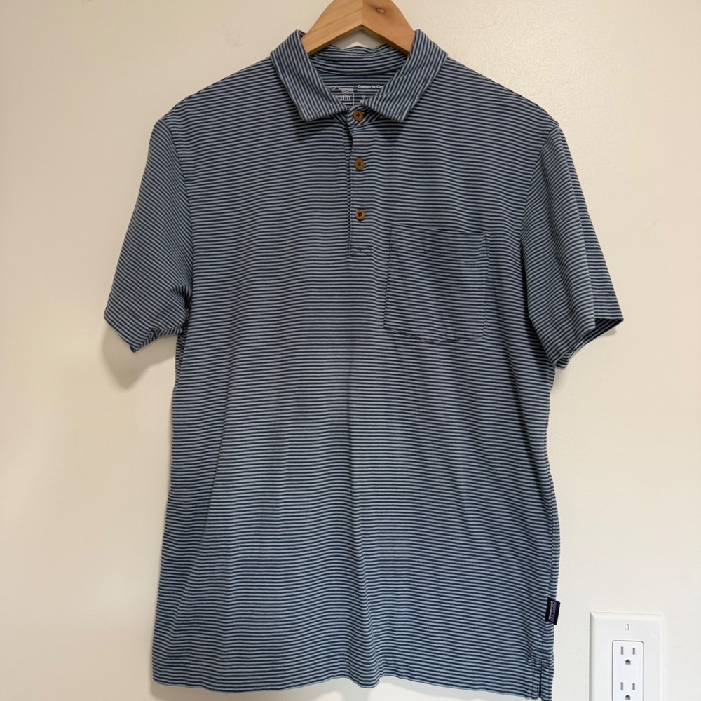Patagonia Striped 100% Organic Cotton Polo Shirt Mens Medium Blue Gorpcore